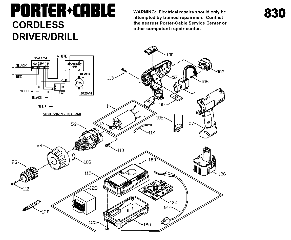 Default Diagram and Parts List for 9830 Type 1 Porter Cable Boring Machine